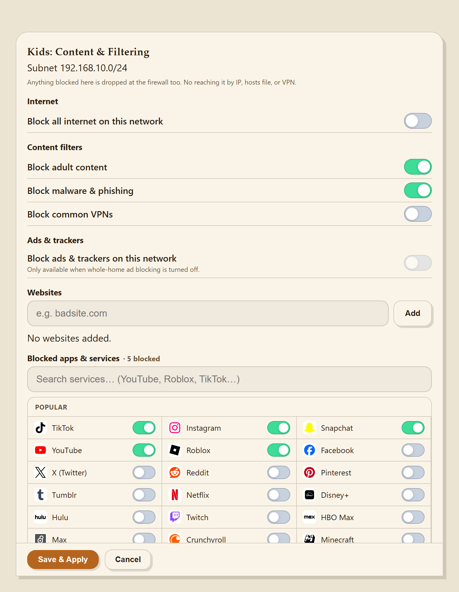 IronRouter filter screen — block popular apps like TikTok, Instagram, and YouTube
